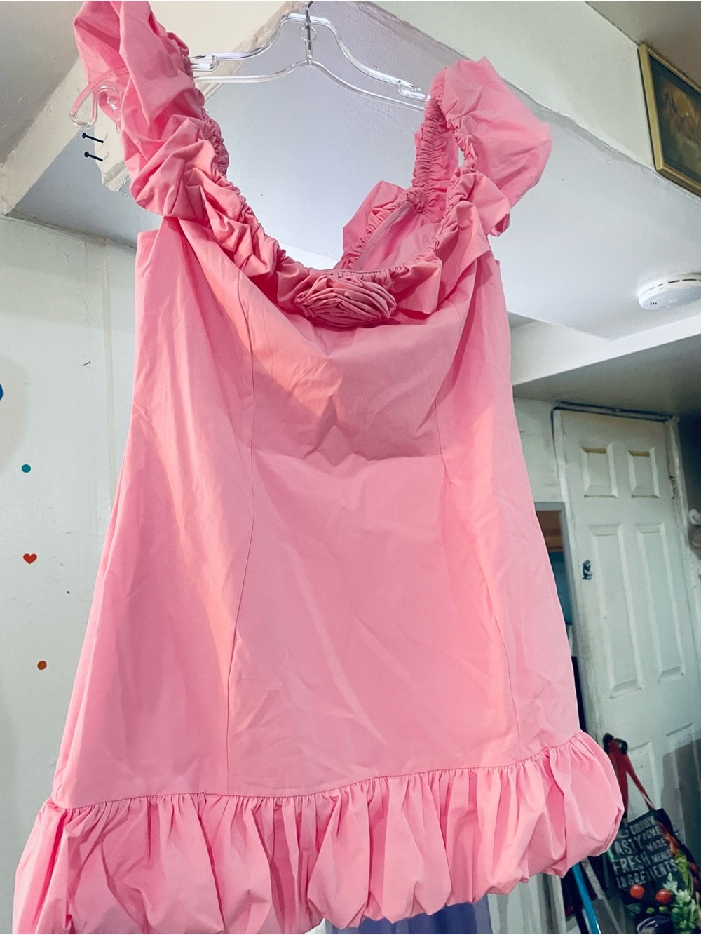 Pink Ruffled Mini Dress with Romantic Neckline
